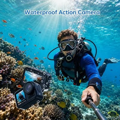 Action Camera 4K 60FPS 64MP Waterproof with Stabilization for Sports | Electronic image stabilization for smooth footage. Perfect for surfing, snorkeling, and motorcycle riding adventures.