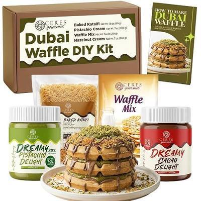 Ceres Gourmet Dubai Chocolate Kit, Dubai Chocolate Waffle DIY Set Including 7 oz Pistachio Cream, 7 oz Hazelnut Spread with Cocoa, 1.8 oz Crispy Baked Kataifi, 7.4 oz Waffle Mix, DIY Gift Box