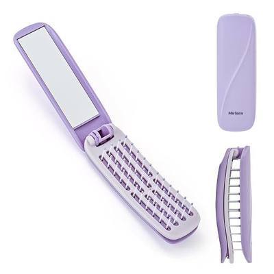 Portable Foldable Travel Hair Brush with Mirror | Self-Cleaning Mini Detangling Brush for Wet & Dry Hair, Pocket Size Scalp Massage Styling Tool for Women Girls (Purple)