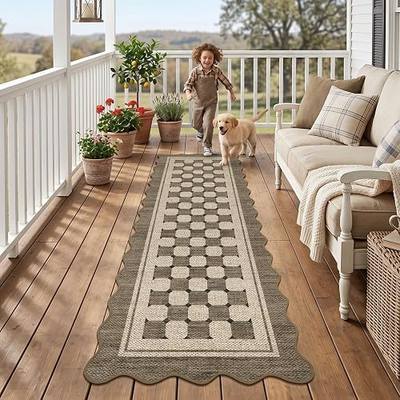 Garvee Easy Jute Scalloped Outdoor Runner Rug, 2x6 Washable Kitchen Rugs Non Slip Carpet Runners for Hallway 6ft, Checkered Farmhouse Non Shedding Lightweight Floor Carpet for Entryway Front Porch