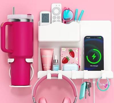 Bedside Wall Shelf for Teen Girls Dorm Room Essentials Bunk Bed Stuff | No Drill Floating Shelves with Cup Holder, Aesthetic Cute Girls Room Decor Aesthetic Stick Bedroom Accessories Organizer