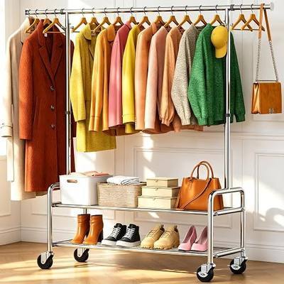Stainless Steel Heavy Duty Clothes Rack with Shelves Load 760 LBS, Rolling Clothing Rack for Hanging Clothes, Commercial Garment Rack with Sturdy Wheels, Closet Rack for Bedroom Laundry Living Room