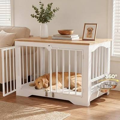 Dog Crate Furniture 38in, Wooden Indoor Pet Kennel End Table with 360 Degree Rotating Feeder Door, Secure Double Latches and Solid Base for Medium Dogs, Natural and White