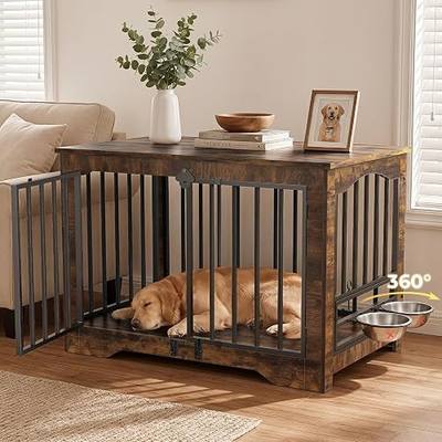 Dog Crate Furniture 38in, Wooden Indoor Pet Kennel End Table with 360 Degree Rotating Feeder Door, Secure Double Latches and Solid Base for Medium Dogs, Rustic Brown