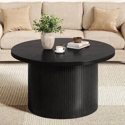 31.5" Round Coffee Table, Mid Century Modern Fluted Tambour Coffee Table, Engineered Wood Small Circle Center Table, Drum Accent Modern Living Room Table, Black