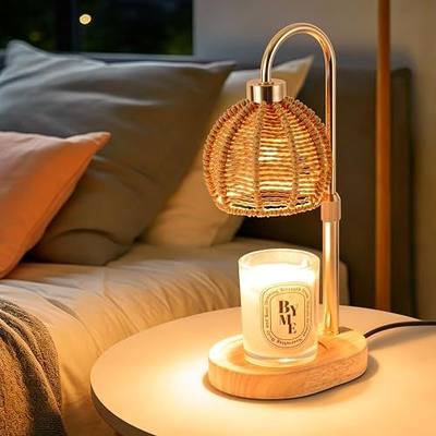 Boho Candle Warmer Lamp with Timer, Dimmable, Adjustable Height, Wood Base | Handwoven shade, flameless wax melting, cleaner fragrance release, cozy boho decor for home, desk and gift use