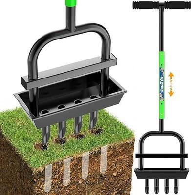 JouZYA Updated Lawn Aerator Tool with Soil Core Collection Tray, Lawn Core Aerator Lawn Tool with 4 Tines Manual Grass Aerator, Spike Lawn Coring Aerator for Yard Lawn Aeration Soil Loosening, Green