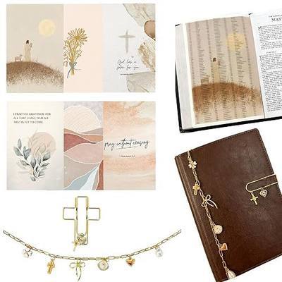 Bible Inserts Gift Set for Scripture Journaling, 6 Pcs Translucent Vellum Tip-Ins Page Overlays, Bible Charm Chain, Pen Holder with Charms, Bible Study Accessories, Christian Faith Gift (Style-B)