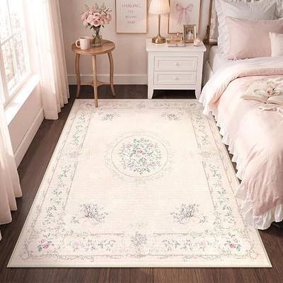 Tribesigns Bow Floral 5x7 Washable Area Rugs for Girls Bedroom, Boho Vintage Soft Nursery Living Room Rug, Non-Slip Low Pile Floral Carpet for Dorm Kids Playroom, Beige Pink/5x7