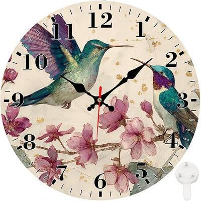 12" Silent Wall Clock, Round Wall Clock, Twin Hummingbird Flowers | Non-Ticking Silent, Battery Operated, Large Number, Easy to Read, Ideal Gift, Beautiful Decoration, Indoor & Outdoor Use