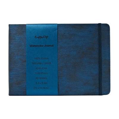CuppaClip Leather Watercolor Journal, 300gsm/140lb 100% Cotton Cold Press Water Color Paper, 20 Sheets Acid-Free Watercolor Sketchbook Art Notebook for Painting, Drawing, Travel (Dark Blue, 8.3x5.8in)