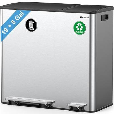 Dual Trash and Recycling Bins for Kitchen, 19+8 Gallon (72+30L) Stainless Steel Trash and Recycle Bin Combo with Soft-Close Lid, Large Garbage Cans for Kitchen Home with 2 Magnets Sticker, Silver