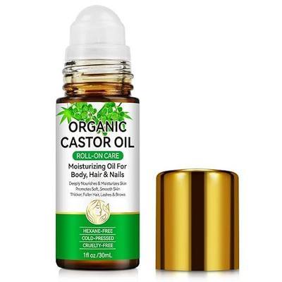 Castor Oil Roll On, Certified Organic Cold Pressed Hexane Free, 1floz | Refillable Roller Ball Applicator, in Glass Bottle, For Belly, Waist, Face, Under Eyes, Body Skin And Hair, Travel Friendly