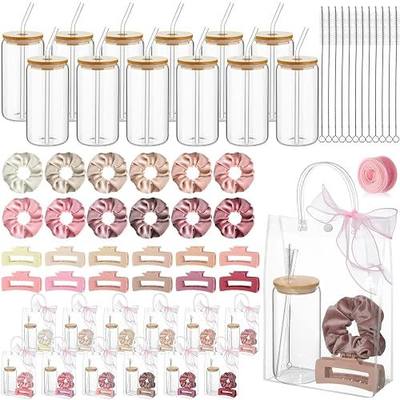 SiliFine 49 Pcs/12 Set Birthday Gifts for Girls, Matte Pink Birthday Gifts Party Supplies 12 Glass Cups 12 Hair Bands 12 Hair Clip 12 Tote Bags 1 Ribbon for Women Spa Sleepover Slumber Party Favor