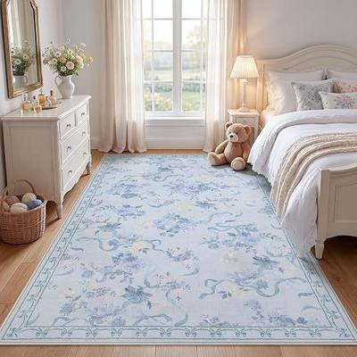 Tribesigns Bow Floral Blue 5x7 Washable Area Rugs for Living Room Bedroom | Machine Washable, Non-Slip Backing with 4 Rug Tape, Soft Low Pile, for Coquette Nursery Living Kids Dining Playroom Decor