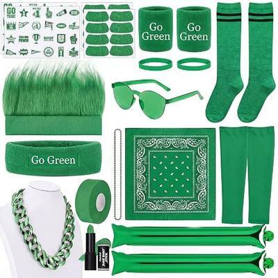 Jiuguva Green 74 Pcs Spirit Wear Boys Team Spirit Day Accessories Color War Camp Cheer Bundle Items Bulk Team Week Field Day Necklace Crazy Hair Bandana Tattoo Noisemaker Face Paint