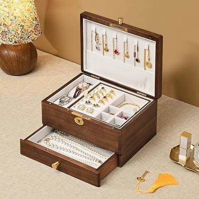 Black Walnut Wooden Lockable Jewelry Box, 3 Layer Solid Wood Jewelry Organizer with Drawer and Removable Tray for Necklace Ring Earrings Watch Bracelet, Velvet Lined Case Gifts for Mom, Women