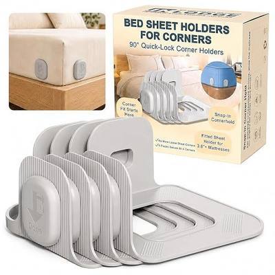 Bed Sheet Holders for Corners, 90° Quick-Lock Fitted Sheet Holder, 4-Pack | Fits 3.8-16 in. mattresses; Adjustable-base friendly; Clear corner access; One-person install; ABS, no metal teeth