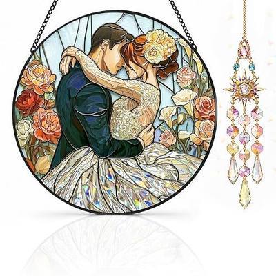 Deluxe Bundle | Stained Glass Window Hanging, Love Heart 3D Embossed Diamond Glass Suncatcher, 7-Piece Romantic Gift Set with Crystal Pendant & Invisible Hooks