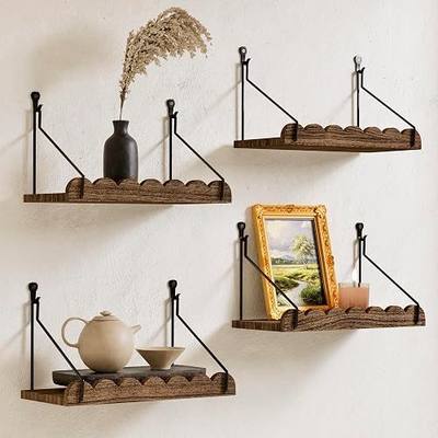 QsQueen Scalloped Floating Shelves for Wall, 4 Pack 11.8 inch Paulownia Wood Wall Shelves with Decorative Metal Rail, Rustic Display Shelf for Plants, Bathroom, Bedroom, Living Room & Home Decor