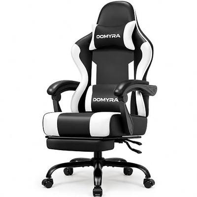 Gaming Chair Gamer Game Ergonomic with Footstool Lumbar Support Deep Black | Headrest, Height and Backrest Adjustable, Deep Black Leather, 210 KG Heavy Duty Load Capacity 52cm Wingless Cushion