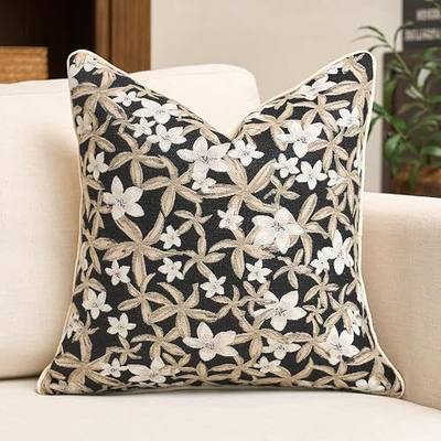Aeckself Neutral Floral Pillow Cover 18 x 18 Inch, Vintage Chenille Square Throw Pillow Cover Soft Home Decorative Farmhouse Accent Couch Pillow Cover for Living Room Bedroom, Black