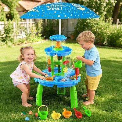 Water Sand Table with Umbrella for Toddler Kids - 3-Tier Summer Toys, Outdoor Backyard Beach Poolside Playset with Stable Design, Sensory Learning Activity Game Gifts for Boys Girls(Indigo)