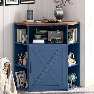 Vabches Corner Cabinet, Farmhouse Corner Storage Shelf, Blue and Brown | Corner Storage Cabinet with USB Ports and Outlets, Industrial Organizer for Small Space, 6-Cubby Bookshelf for Living Room