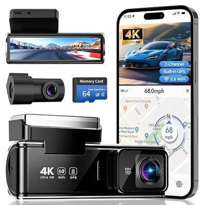 4K Dual Dash Cam Front and Rear, 2 Channel Car Camera with Built-in GPS 5.8GHz WiFi, 3.5" IPS Screen, 64GB Card Included, 170° Wide Angle, Night Vision, 24H Parking Monitor for Cars