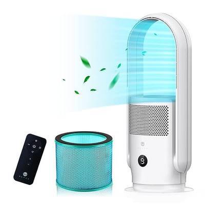 ULTTY Bladeless Tower Fan and Air Purifier Combo, 23.5" Quiet Oscillating Fan with Remote & Touch Control, 9 Speeds, 8H Timer, HEPA Air Filter, Safe Floor Fan for Bedroom Home Office, White