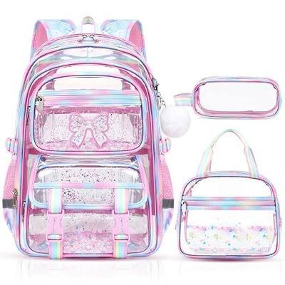 Clear Backpack for Girls, 3PCS Glitter Transparent Kid Bookbag with Lunch Box & Pencil Case, Heavy Duty PVC See Through Backpack Set, School Stadium Events Approved for ELementary Preschool