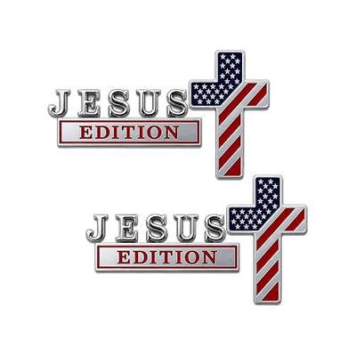 Blessed Jesus Edition Metal Cross Emblem 2-Pack, 3D Christian Faith Badge with Patriotic Flag Design, Heavy Duty Alloy Auto Decoration for Truck, SUV, Car, Motorcycle Exterior