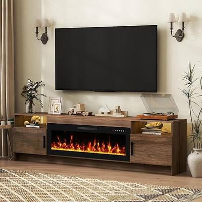 Electric Fireplace TV Stand, 80" TV Fireplace Stand Entertainment Center Console with 42" Electric Heater, LED Light/Storage Cabinet for Living Room, Brown