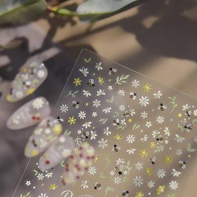 Flower Nail Stickers 5D Embossed Yellow White Daisy Bee Nail Decals Gold Jelly Floral Nail Designs Cute Spring Garden Nails 3D Supplies Tiny Flower Nail Decals Stickers for Women DIY Manicure 1Sheet