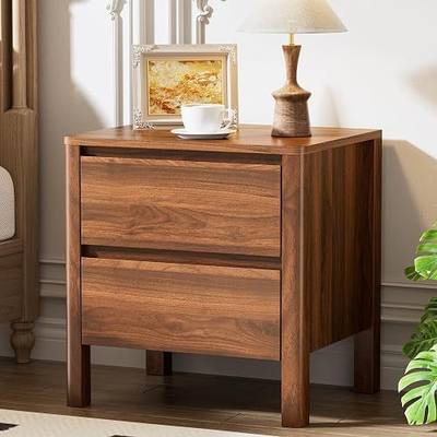 Furniway Mid Century Walnut Nightstand with 2 Drawers, Modern Wooden Bedside Table with Hidden Handles and Solid Wood Legs for Bedroom