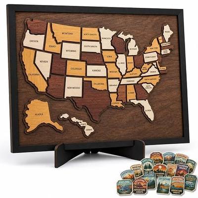Wooden USA Travel Map Puzzle, 12x10 States Visited Tracker with Stand & Stickers, 50 State Pieces United States Board, Road Trip Keepsake Gift for Couples Families