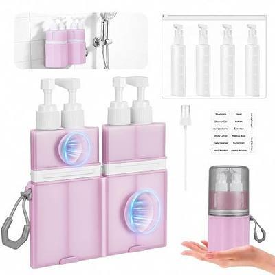 4 in 1 Travel Dispenser Bottles, TSA Approved Leak Proof Refillable Toiletry Containers with Vacuum Suction Cup for Smooth Walls, Pink Portable Empty Bottle Set for Shampoo Body Wash
