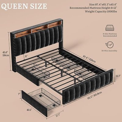 YITAHOME Queen Size Bed Frame with 4 Storage Drawers and RGB LED Lights | Velvet Upholstered Platform Bed with Charging Station and Storage Headboard, No Box Spring Needed, Easy Assembly, Black