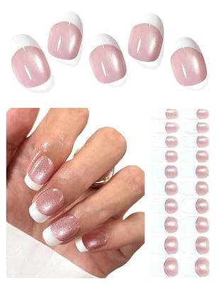 AutyaMee Semi Cured Gel Nail Strips (French Cat Eye), 20 Pcs White French Gel Nail Wraps, Stickers, Salon Quality, Sun-Cured or UV-Cured