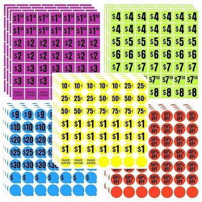 1" Removable Garage Sale Price Stickers, 1225 Pcs Yard Sale Pricing Stickers, 5 Colors Pre-Printed & Blank Color Coded Pricing Tags for Flea Market, Rummage, Community, Multi-Family Sales, Retail Use