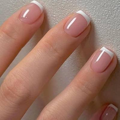 Short Press on Nails Square Fake Nails with White French Tip Designs Cute Glue on Nails Press ons Glossy Acrylic Stick on Nails for Women 24 Pcs