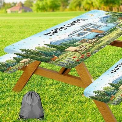 Happy Camper Picnic Table Cover with Bench Covers, Camper RV Essentials Gear Supplies Outdoor Waterproof Windproof Tablecloth with Elastic, 30x72 Inch