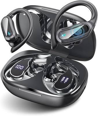 Wireless Earbuds Bluetooth Headphones, 54H Playtime Full Stereo Over Ear Buds with ENC Noise Cancelling, LED Power Display, IPX7 Waterproof Sport Earphones wih Earhooks for Running/Workouts (Black)