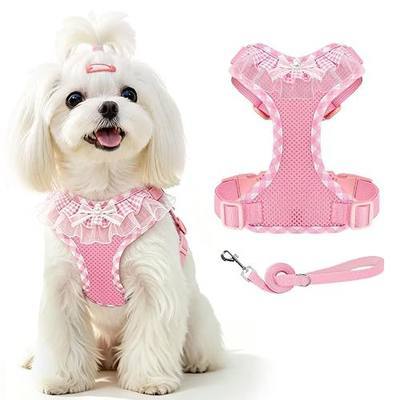 ABRRLO Cute Ruffle Plaid Puppy Harness and Leash Set for Small Dogs Girls,Soft Breathable Mesh Small Dog Vest Harness No Pull,Adjustable Escape Proof Pet Walking Harness for Puppies Cats(Pink,S)