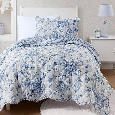 Madison Park Essentials Adele Reversible Blue Floral Quilt Set, Scalloped Edge, Lightweight All-Season Bedding Set, Elegant Gift for Her, Twin/Twin XL - 2 Pieces (1 Quilt, 1 Standard Shams)