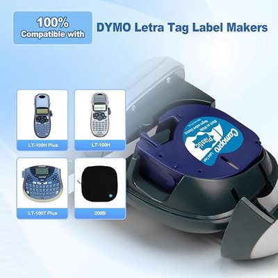 5-Pack Replacement Label Tape for Dymo Letratag Refills Black on White | Plastic Label Tape 12mm x 4m (1/2''x13') Compatible with Dymo Letratag Label Maker LT-100H 100T Plus 200B