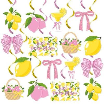 20Pcs Lemon Hanging Swirl Decorations,Yellow and Pink Just A Drop Older Lemonade Party Hanging Decor for Summer Cocktails Party Martini Birthday