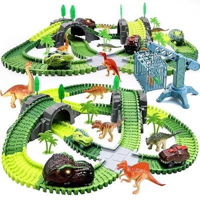 Dinosaur Track Toys for 3 4 5 6 7 Year Old Boys Girls, 250 PCS Flexible Dinosaur Race Track Set with Light-Up Dinosaur Cars, DIY Toy Car Track, Birthday Gifts