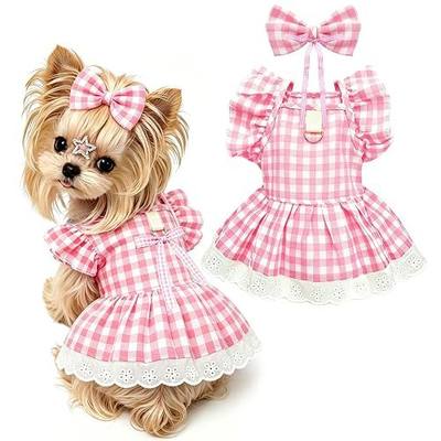ABRRLO Cute Floral Small Dog Cat Harness Dress Outfits with Bow & Leash D-Ring,Soft Breathable Summer Ruffle Puppy Clothes Girl,3-Way Styling Female Dog Clothes for Chihuahua (Pink Plaid, Small)