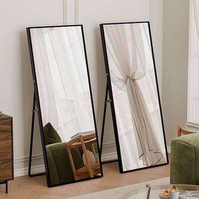 56"×18" Full Length Mirror, 2 Pcs Shatterproof Tempered Glass Floor Mirror, Alum Alloy Thin Frame Standing Mirror with Freestanding/Leaning/Wall Mount for Bedroom, Living Room & Entryway, Black